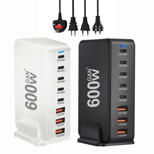 600W GaN Fast Charging Station with US / UK / EU / AU Plug – Multi-Port Power Charger