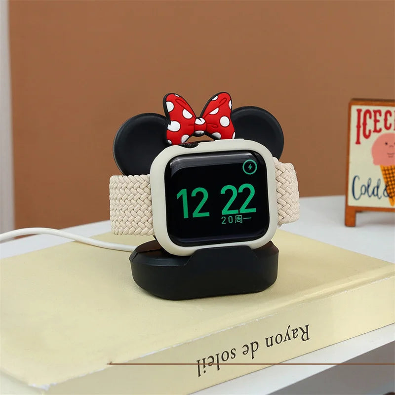 Cute Cartoon Bow Tie Bear Silicone Charger Stand For Apple Watch Serie 8 SE 7 6 5 For Iwatch Charging Desktop Holder Accessories