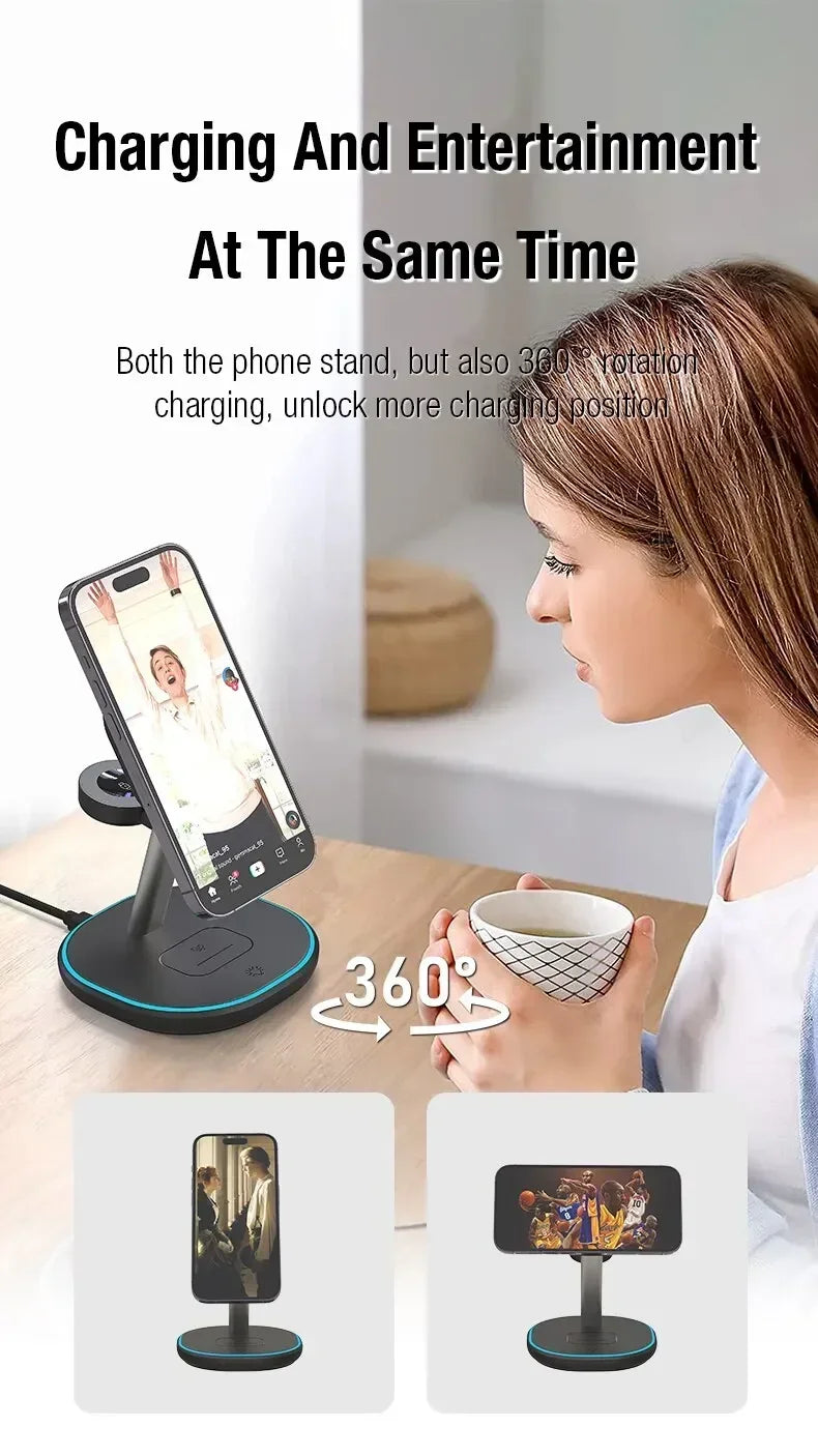 3-in-1 Magnetic Wireless Charging– Fast Charger Stand for iPhone, Apple Watch & AirPods
