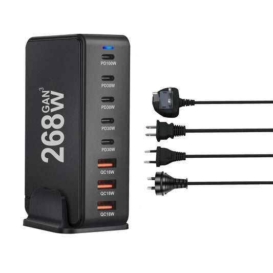 268W GaN Fast Charger – 8 USB-C Ports Desktop Charging Station with US/ EU / UK / AU Plug