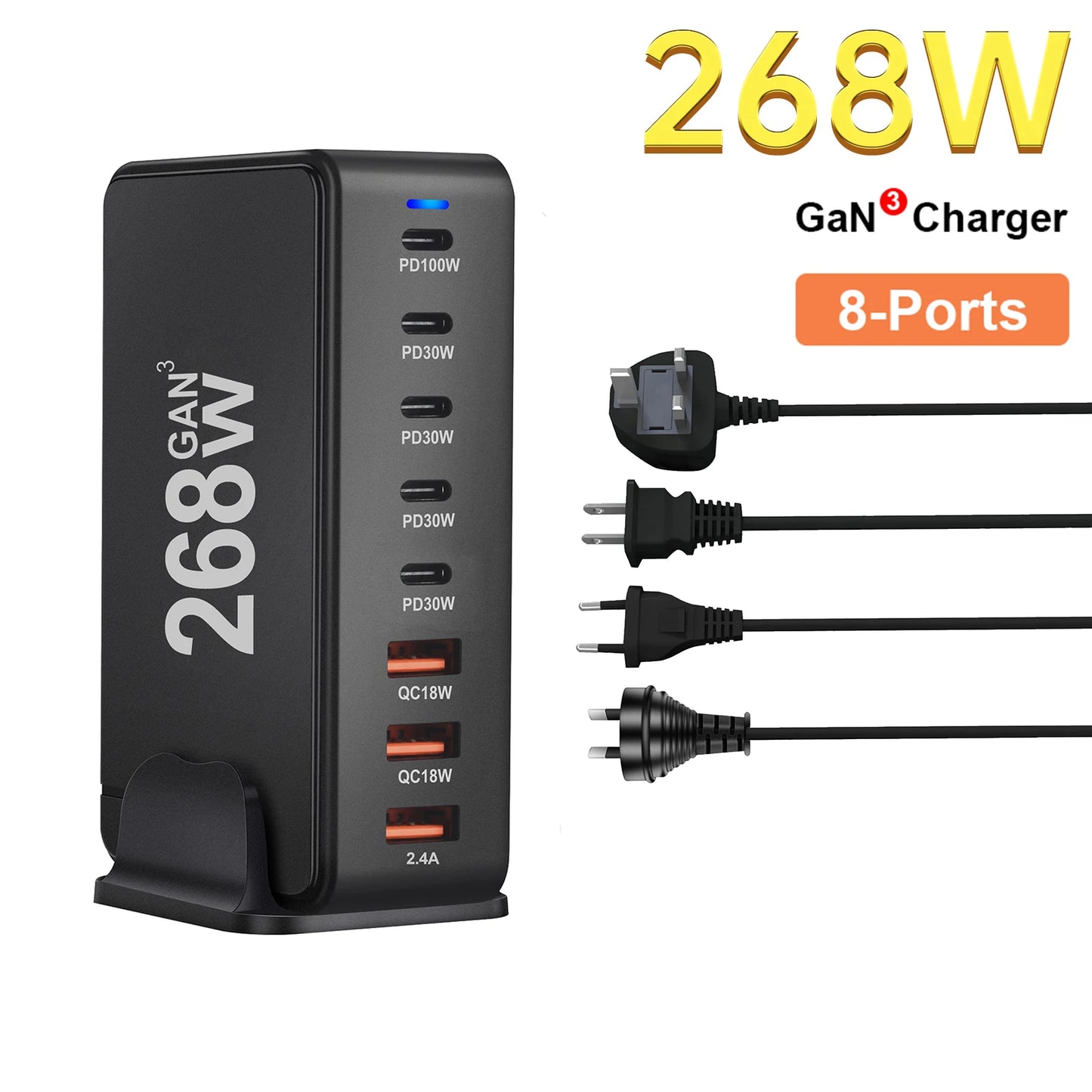 268W GaN Desktop Charger 8-Port USB PD Charger Quick Charge 3.0 USB Type C Fast Charger Mobile USB Charger for iPhone 15 MacBook