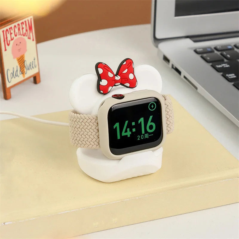 Cute Cartoon Bow Tie Bear Silicone Charger Stand For Apple Watch Serie 8 SE 7 6 5 For Iwatch Charging Desktop Holder Accessories