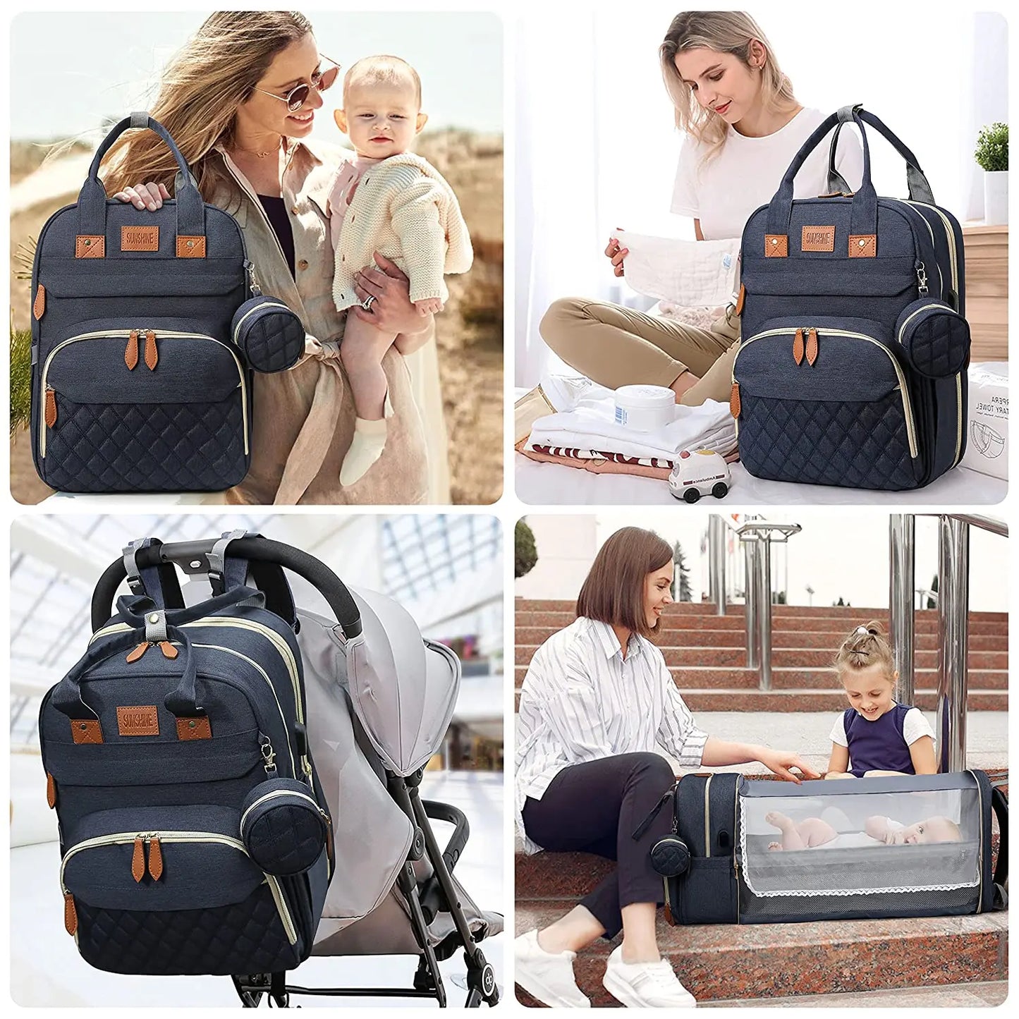 3-in-1 Baby Diaper Bag with Insulated Bottle Holders & Foldable Baby Crib – Portable Travel Baby Bed, Waterproof & Large Capacity Mommy Bag