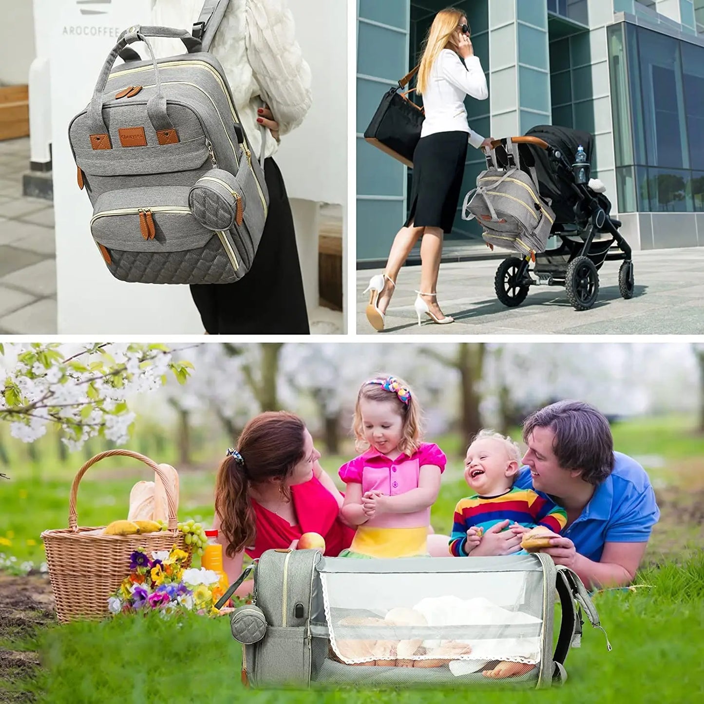 3-in-1 Baby Diaper Bag with Insulated Bottle Holders & Foldable Baby Crib – Portable Travel Baby Bed, Waterproof & Large Capacity Mommy Bag