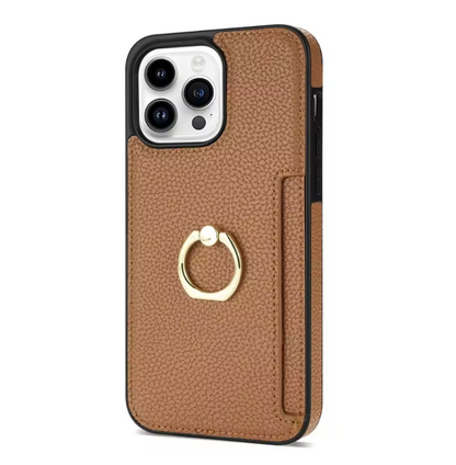 Leather Wallet iPhone Case with Card Slot & Ring Holder