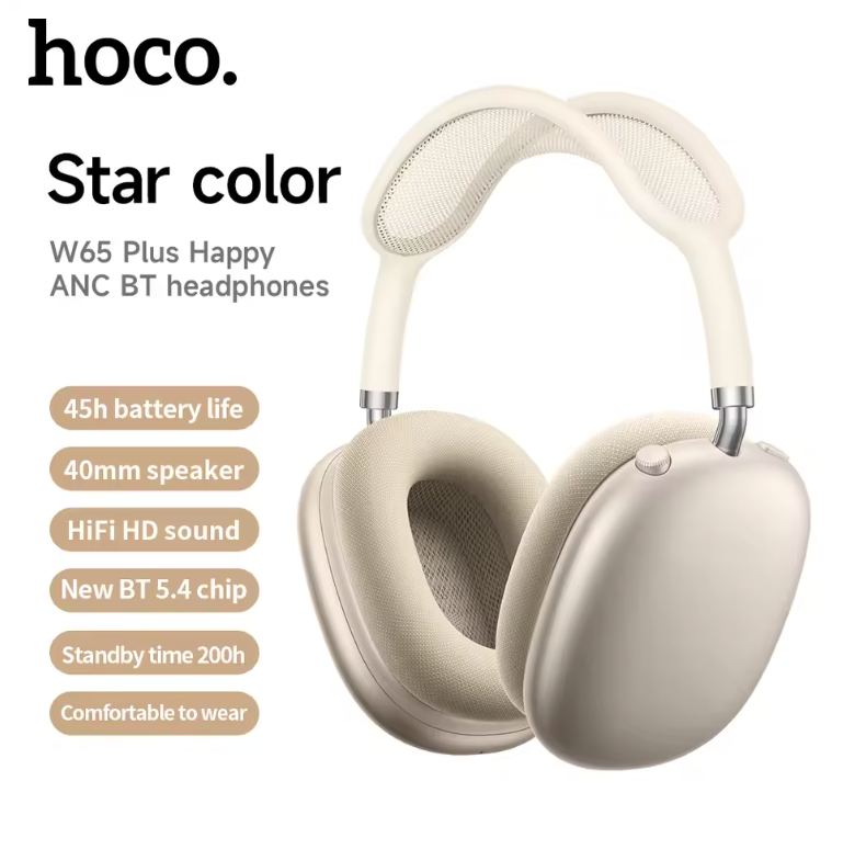 HOCO W65 Plus ANC Wireless Over-Ear Headphones – Noise Cancelling, Hi-Fi Sound