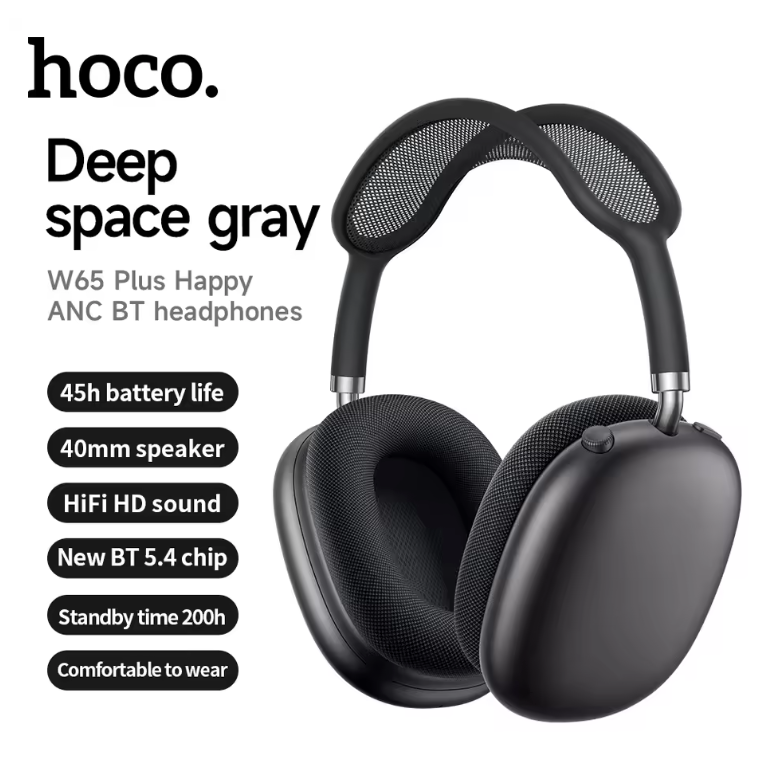 HOCO W65 Plus ANC Wireless Over-Ear Headphones – Noise Cancelling, Hi-Fi Sound