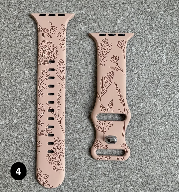 Floral Engraved Silicone Band for Apple Watch – Soft & Stylish Strap