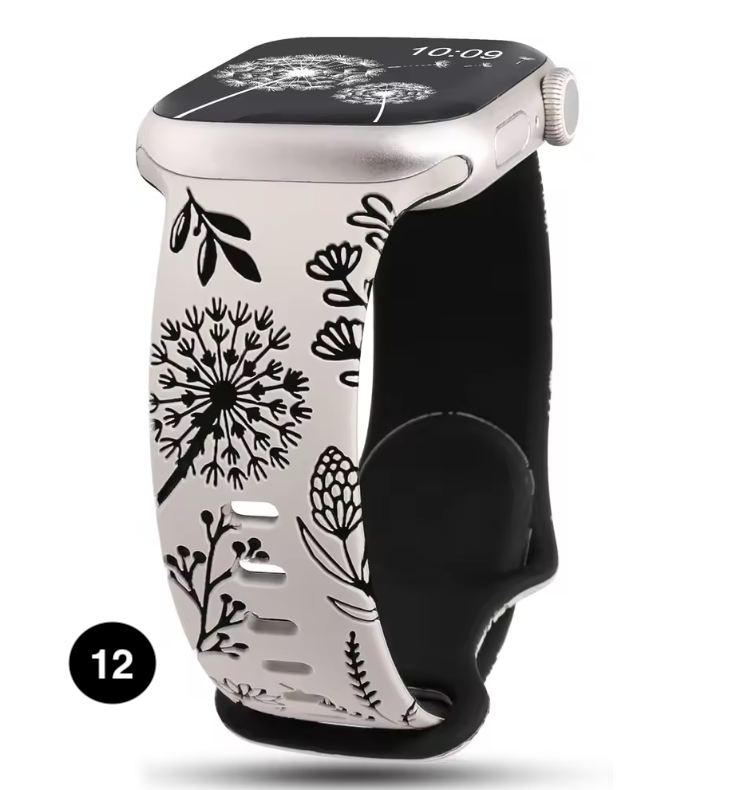 Floral Engraved Silicone Band for Apple Watch – Soft & Stylish Strap