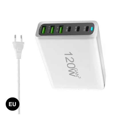 120W GaN Fast Charger 6 Ports – USB-C & USB Wall Charger with US, EU, UK & AU Plug