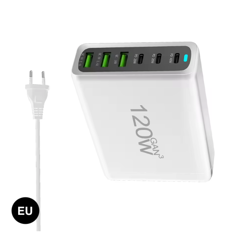 120W GaN Fast Charger 6 Ports – USB-C & USB Wall Charger with US, EU, UK & AU Plug