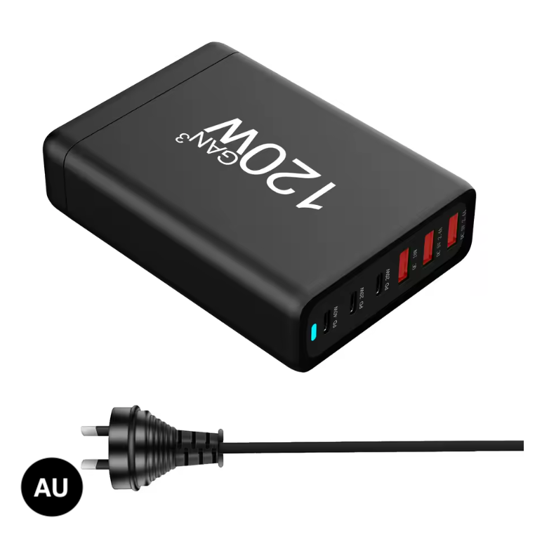 120W GaN Fast Charger 6 Ports – USB-C & USB Wall Charger with US, EU, UK & AU Plug
