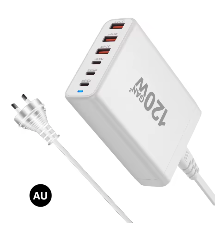 120W GaN Fast Charger 6 Ports – USB-C & USB Wall Charger with US, EU, UK & AU Plug