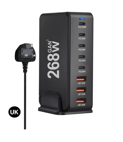 268W GaN Fast Charger – 8 USB-C Ports Desktop Charging Station with US/ EU / UK / AU Plug