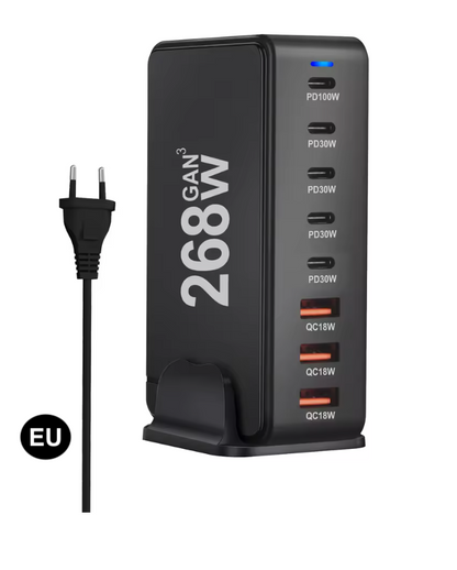 268W GaN Fast Charger – 8 USB-C Ports Desktop Charging Station with US/ EU / UK / AU Plug