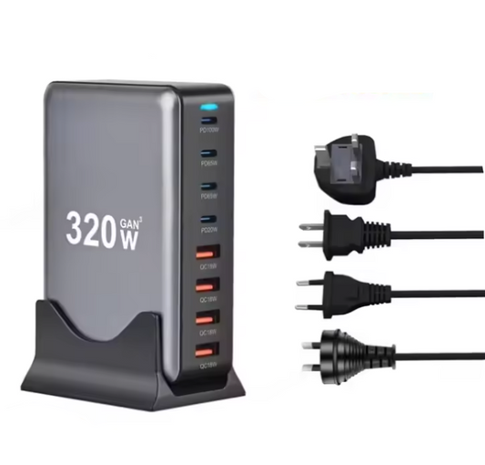 320W GaN Fast Charging Station with US/ UK / EU / AU Plug – Multi-Port Power Charger
