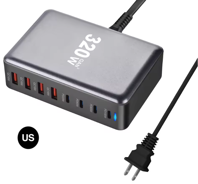 320W GaN Fast Charging Station with US/ UK / EU / AU Plug – Multi-Port Power Charger