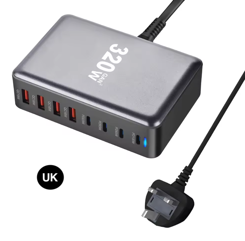 320W GaN Fast Charging Station with US/ UK / EU / AU Plug – Multi-Port Power Charger