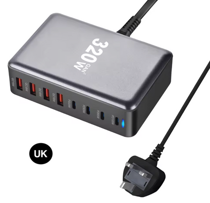 320W GaN Fast Charging Station with US/ UK / EU / AU Plug – Multi-Port Power Charger