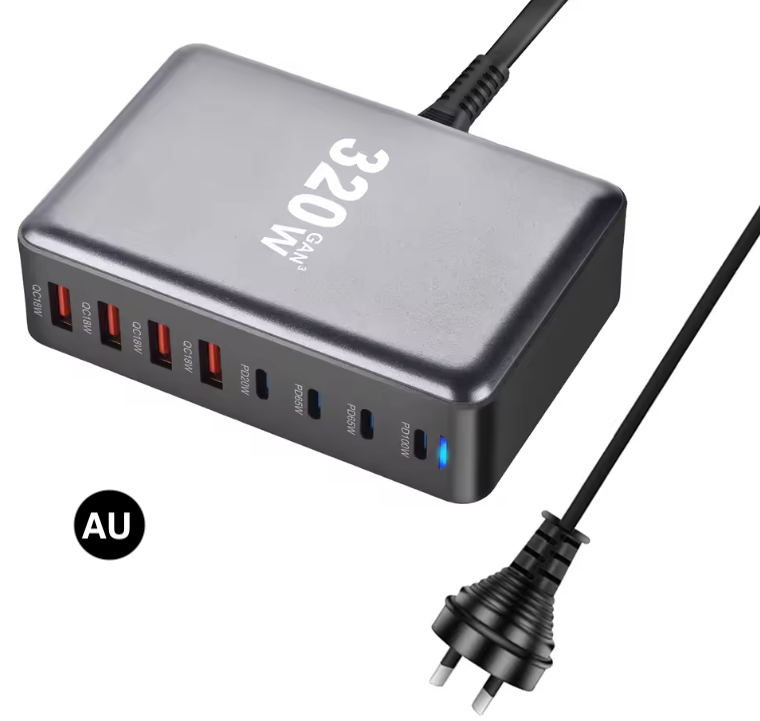 320W GaN Fast Charging Station with US/ UK / EU / AU Plug – Multi-Port Power Charger