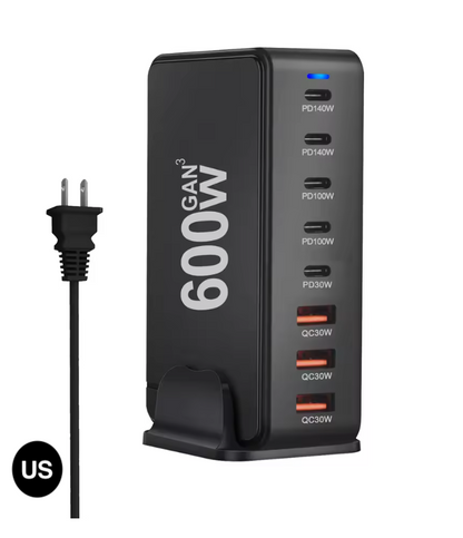 600W GaN Fast Charging Station with US / UK / EU / AU Plug – Multi-Port Power Charger