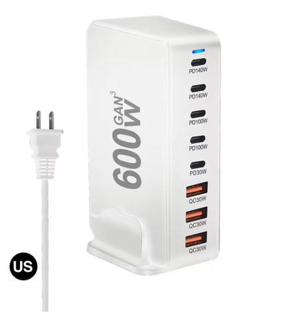 600W GaN Fast Charging Station with US / UK / EU / AU Plug – Multi-Port Power Charger