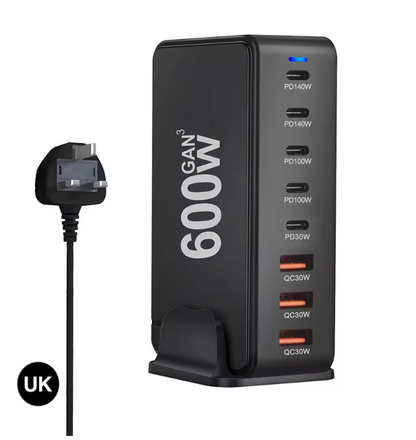 600W GaN Fast Charging Station with US / UK / EU / AU Plug – Multi-Port Power Charger