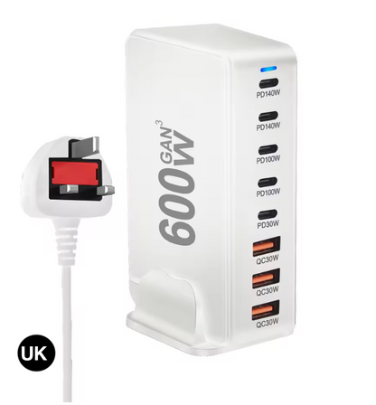 600W GaN Fast Charging Station with US / UK / EU / AU Plug – Multi-Port Power Charger