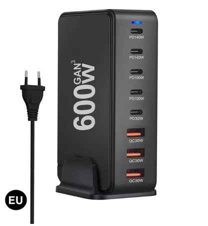 600W GaN Fast Charging Station with US / UK / EU / AU Plug – Multi-Port Power Charger