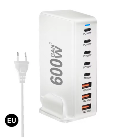 600W GaN Fast Charging Station with US / UK / EU / AU Plug – Multi-Port Power Charger