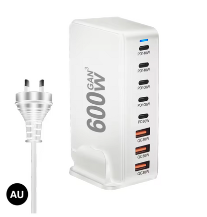 600W GaN Fast Charging Station with US / UK / EU / AU Plug – Multi-Port Power Charger