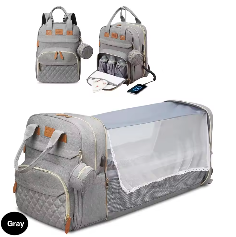 3-in-1 Baby Diaper Bag with Insulated Bottle Holders & Foldable Baby Crib – Portable Travel Baby Bed, Waterproof & Large Capacity Mommy Bag
