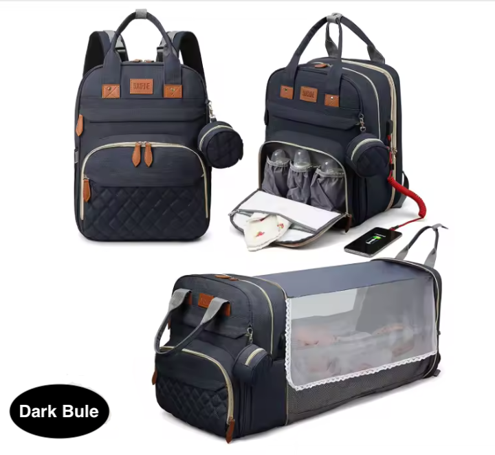 3-in-1 Baby Diaper Bag with Insulated Bottle Holders & Foldable Baby Crib – Portable Travel Baby Bed, Waterproof & Large Capacity Mommy Bag