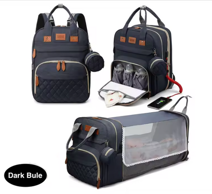 3-in-1 Baby Diaper Bag with Insulated Bottle Holders & Foldable Baby Crib – Portable Travel Baby Bed, Waterproof & Large Capacity Mommy Bag