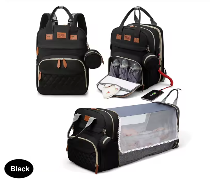 3-in-1 Baby Diaper Bag with Insulated Bottle Holders & Foldable Baby Crib – Portable Travel Baby Bed, Waterproof & Large Capacity Mommy Bag