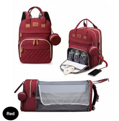 3-in-1 Baby Diaper Bag with Insulated Bottle Holders & Foldable Baby Crib – Portable Travel Baby Bed, Waterproof & Large Capacity Mommy Bag