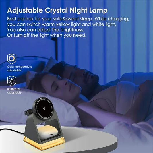 3-in-1 Magnetic Wireless Charger Stand with LED Night Light – Fast Charging for iPhone, Apple Watch & AirPods