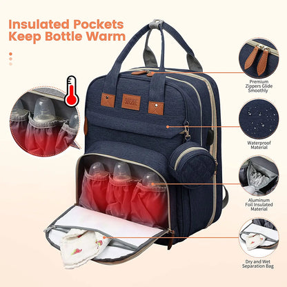 3-in-1 Baby Diaper Bag with Insulated Bottle Holders & Foldable Baby Crib – Portable Travel Baby Bed, Waterproof & Large Capacity Mommy Bag