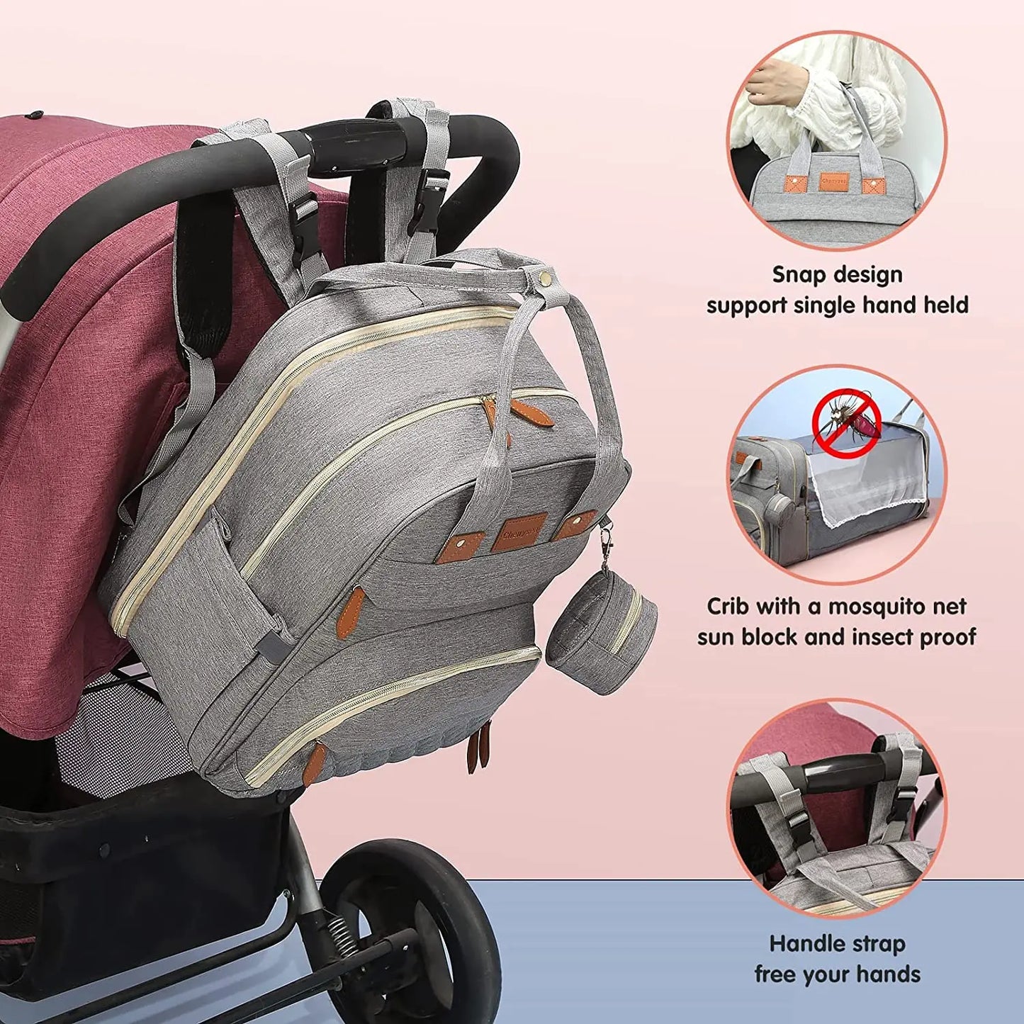 3-in-1 Baby Diaper Bag with Insulated Bottle Holders & Foldable Baby Crib – Portable Travel Baby Bed, Waterproof & Large Capacity Mommy Bag