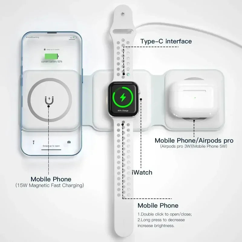 3 in 1 Magnetic Wireless Charger – Fast Charging Stand for iPhone, Apple Watch & AirPods
