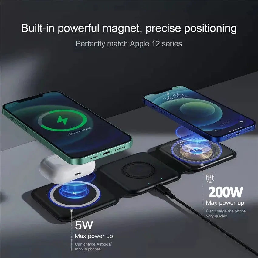 100W 3 in 1 Magnetic Portable Wireless Charger Pad for iPhone 15 14 13 12 Pro Max Apple Watch AirPods Fast Charging Dock Station