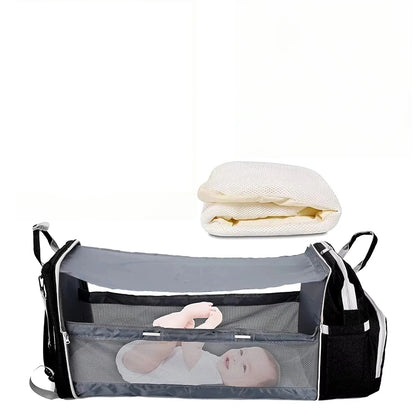 3-in-1 Baby Diaper Bag with Insulated Bottle Holders & Foldable Baby Crib – Portable Travel Baby Bed, Waterproof & Large Capacity Mommy Bag
