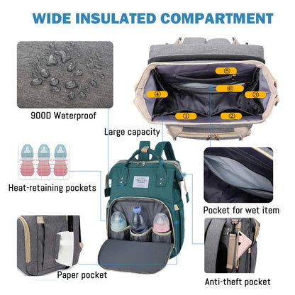 3-in-1 Baby Diaper Bag with Insulated Bottle Holders & Foldable Baby Crib – Portable Travel Baby Bed, Waterproof & Large Capacity Mommy Bag