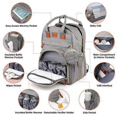 3-in-1 Baby Diaper Bag with Insulated Bottle Holders & Foldable Baby Crib – Portable Travel Baby Bed, Waterproof & Large Capacity Mommy Bag